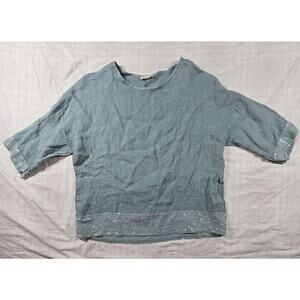 Bellambra Women Top Shirt 100% Linen Made In Italy 3/4 Sequin Trim Blue M